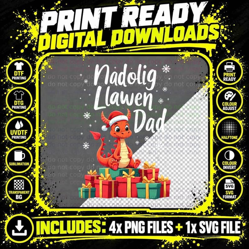 Nadolig Llawen Dad Welsh Christmas Dragon Presents Png SVG Digital Bundle