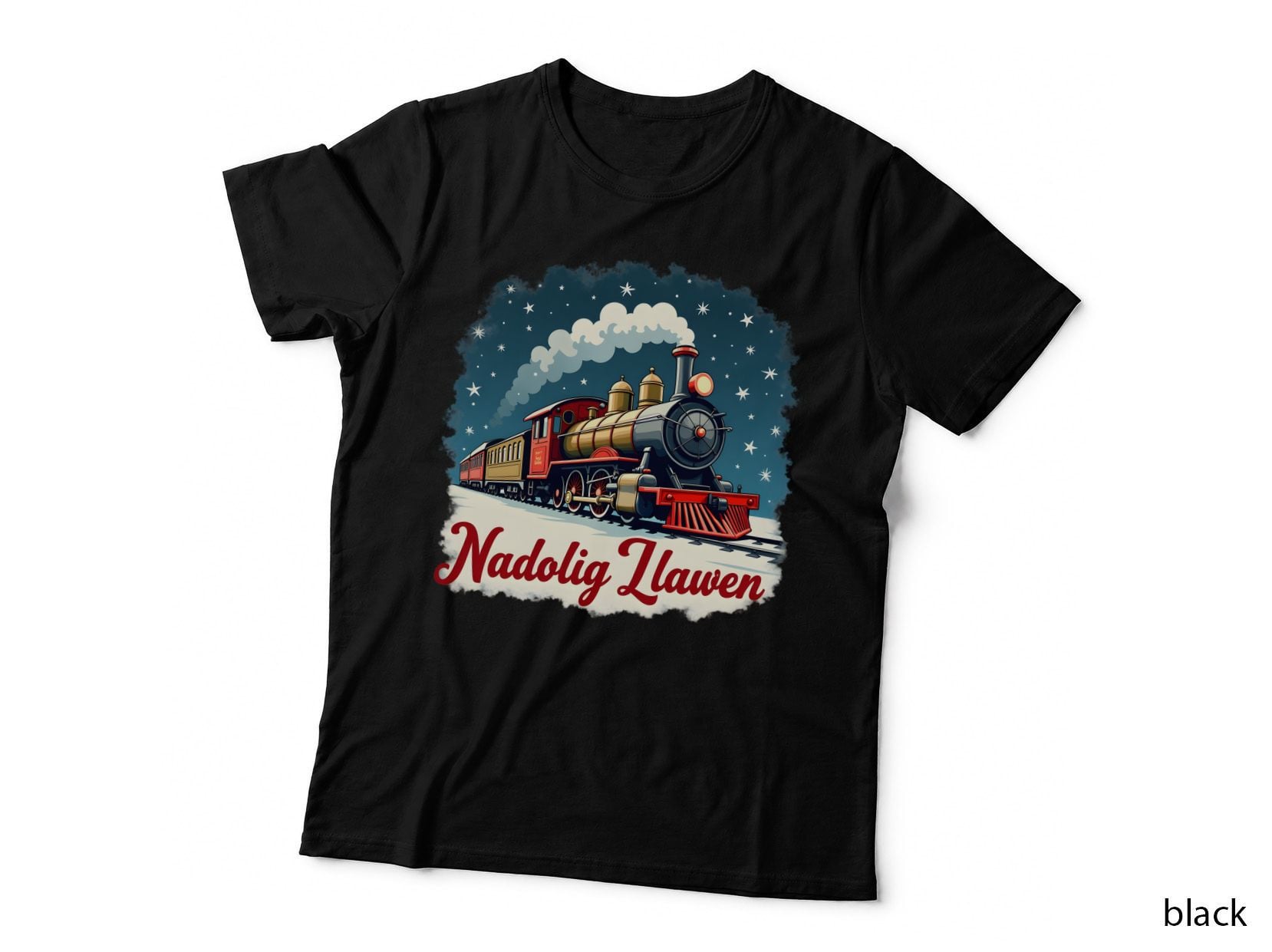 Nadolig Llawen Long Christmas Locomotive Train Stars Snowflakes Welsh T-Shirt