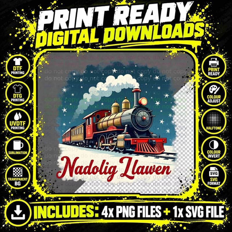 Nadolig Llawen Long Christmas Locomotive Train Stars Png SVG Digital Bundle