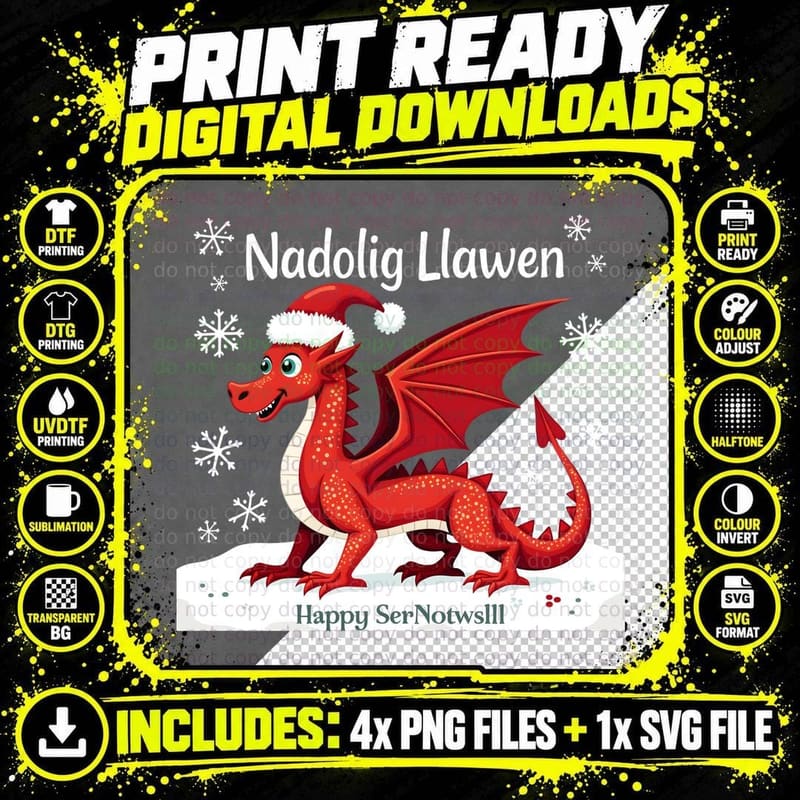 Nadolig Llawen Red Dragon Santa Hat Snowflakes Welsh Png SVG Digital Bundle