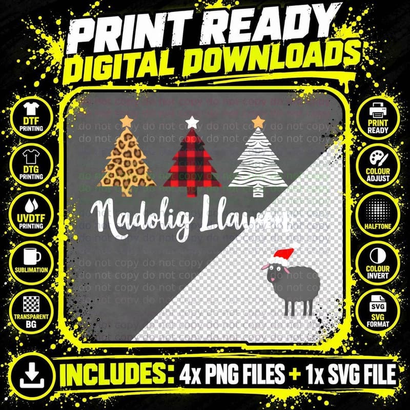 Nadolig Llawen Welsh Black Sheep Leopard Plaid Christmas Png SVG Digital Bundle