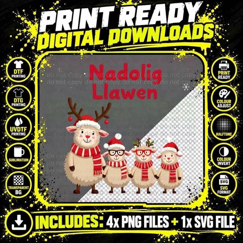 Nadolig Llawen Welsh Christmas Cardigan Four Sheep Png SVG Digital Bundle