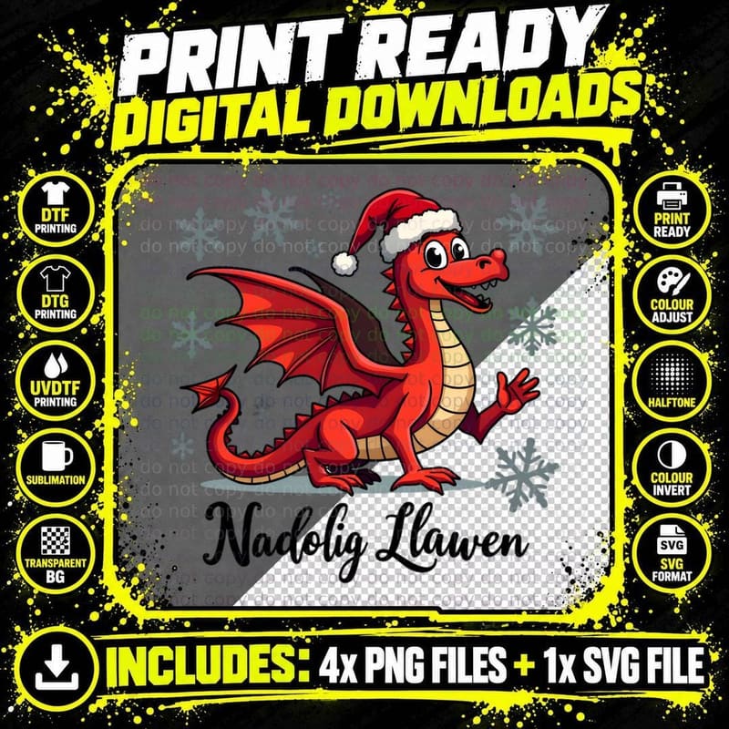 Nadolig Llawen Welsh Christmas Red Dragon Santa Hat Png SVG Digital Bundle