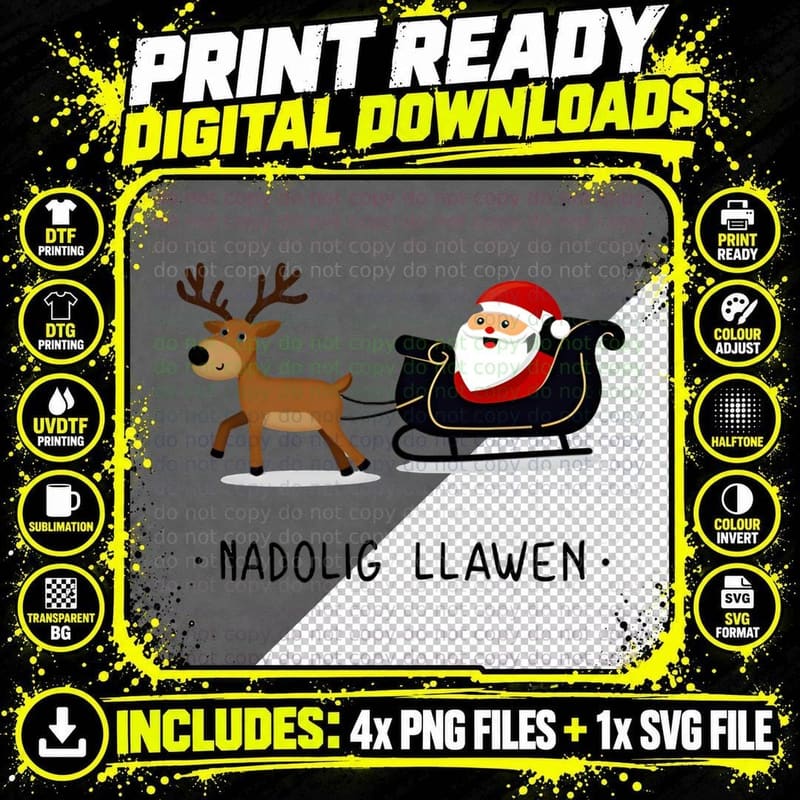 Nadolig Llawen Welsh Christmas Santa Reindeer Sleigh Png SVG Digital Bundle