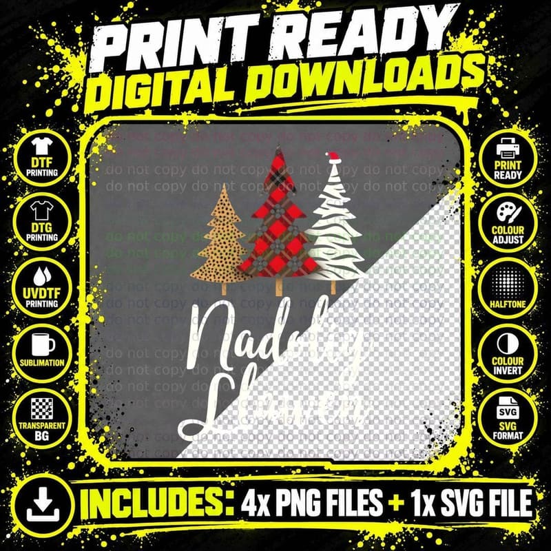 Nadolig Llawen Welsh Christmas Trees Plaid Leopard Png SVG Digital Bundle