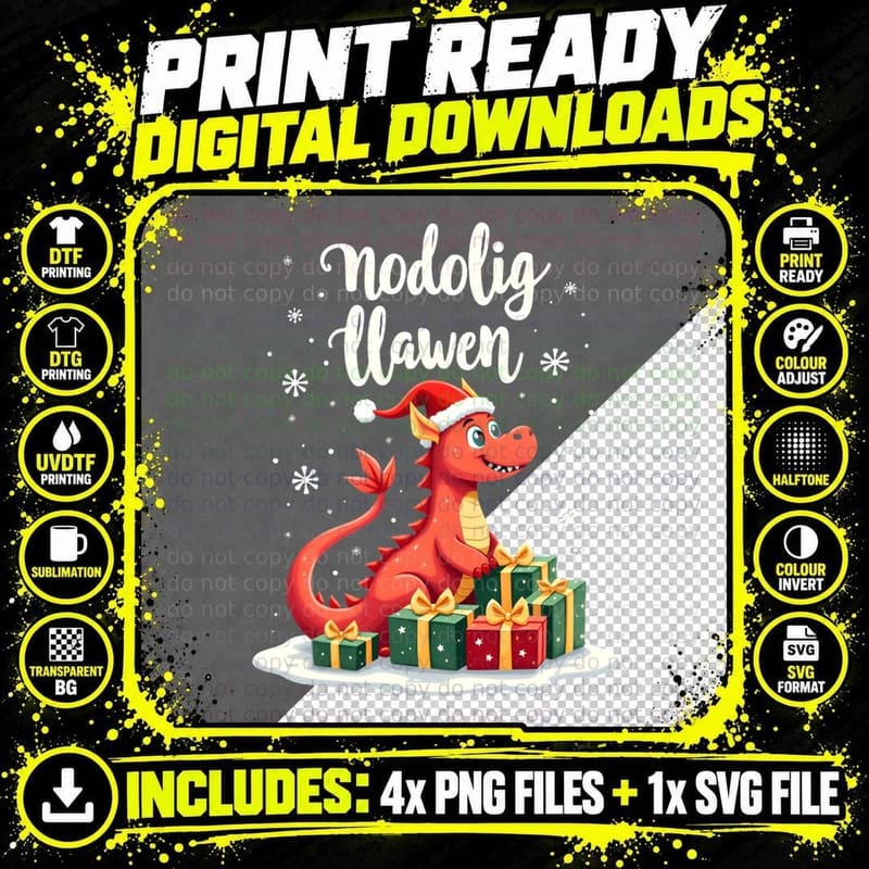 Nadolig Llawen Welsh Dragon Christmas Gifts Festive Png SVG Digital Bundle