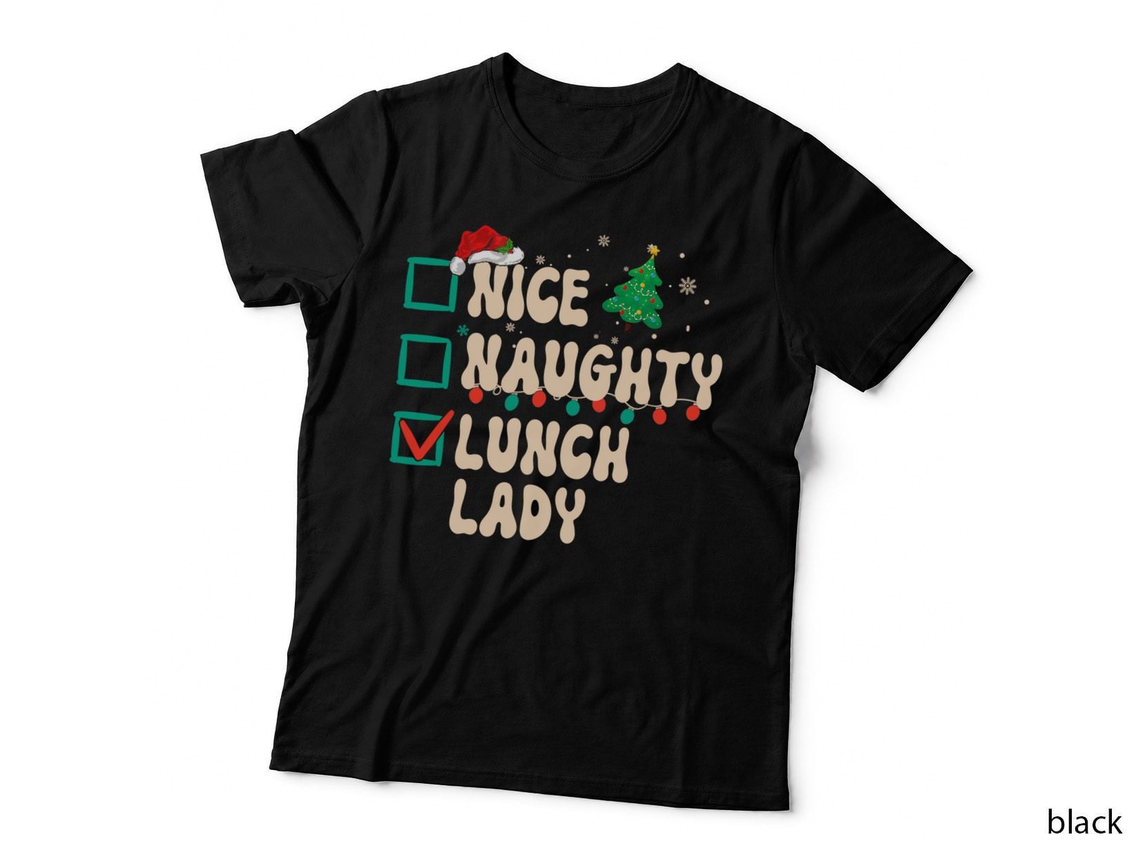 Nice Naughty Lunch Lady Christmas Santa Hat Retro Groovy Gift T-Shirt