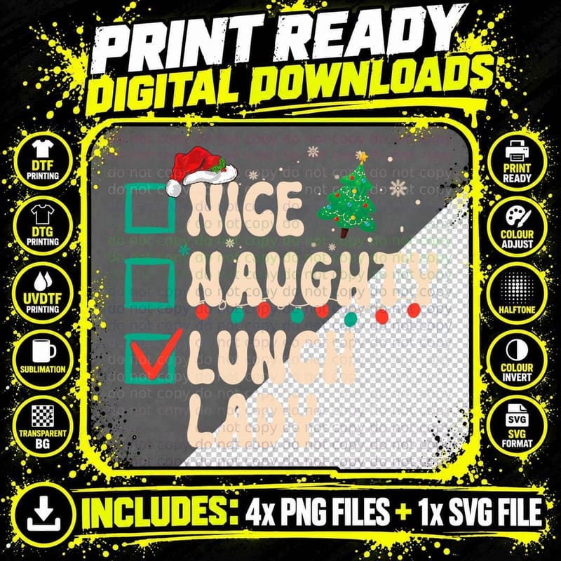 Nice Naughty Lunch Lady Christmas Santa Hat Retro Groovy Png SVG Digital Bundle