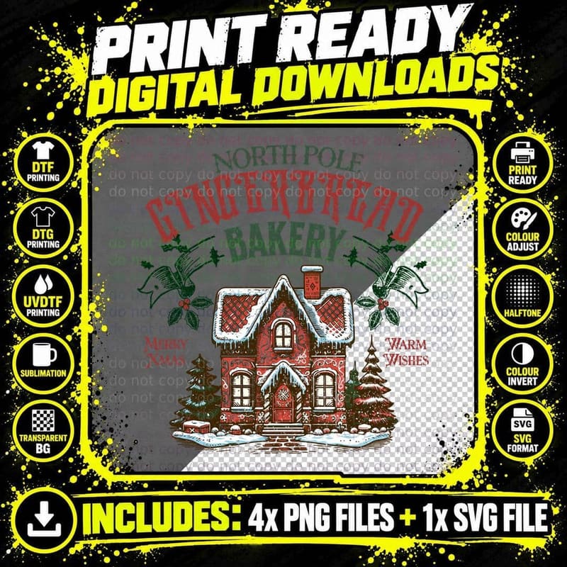 North Pole Gingerbread Bakery Vintage Christmas House Png SVG Digital Bundle