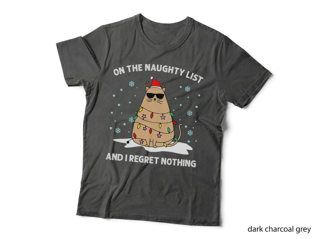On the Naughty List and I Regret Nothing Cat Christmas Light T-Shirt