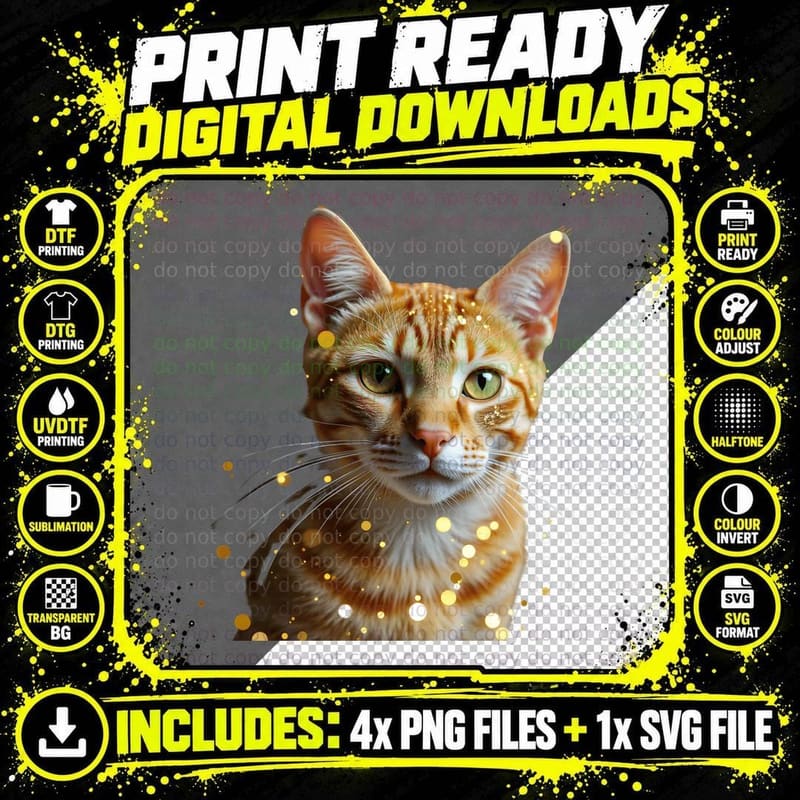 Orange Tabby Cat Green Eyes Gold Glitter Festive Animal Png SVG Digital Bundle