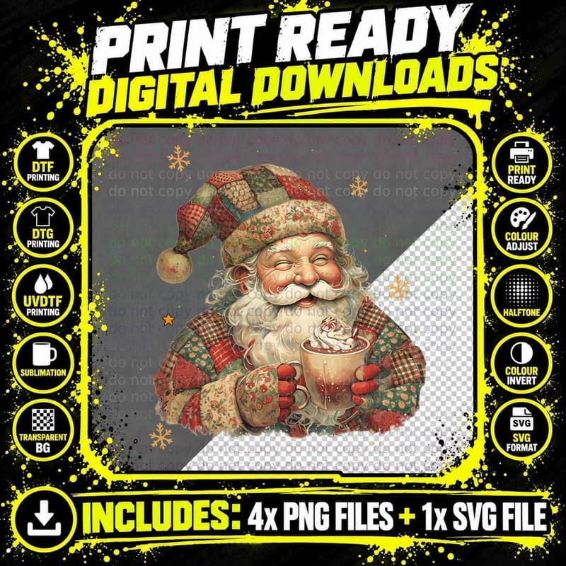 Patchwork Quilt Santa Hot Chocolate Quilted Christmas Png SVG Digital Bundle