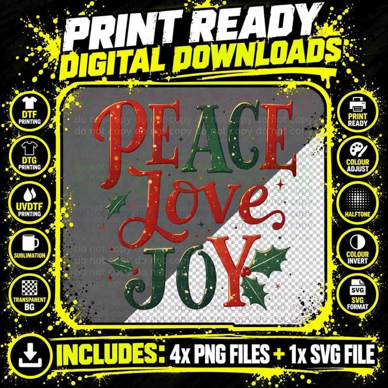 Peace Love Joy Christmas Retro Holiday Typography Png SVG Digital Bundle