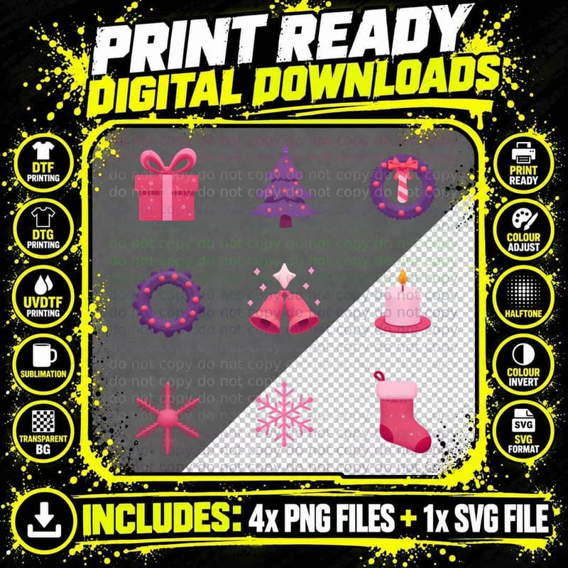 Pink & Purple Christmas Grid Holiday Festive Gift Tree Png SVG Digital Bundle
