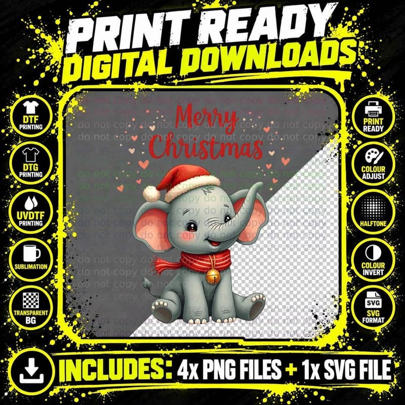 Playful Elephant in Santa Hat Christmas Xmas Winter 3 Png SVG Digital Bundle