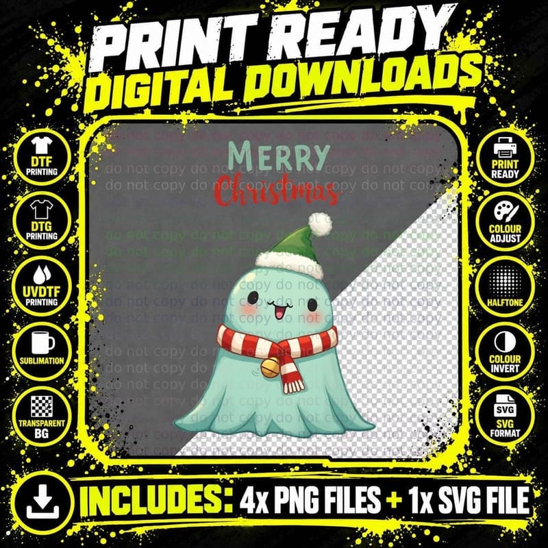 Playful Ghost in Santa Hat Christmas Xmas Winter T-Shirt Png SVG Digital Bundle