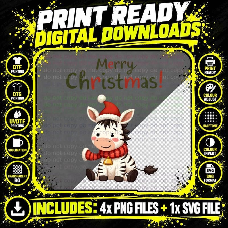 Playful Zebra in Santa Hat Christmas Xmas Winter 4 Png SVG Digital Bundle