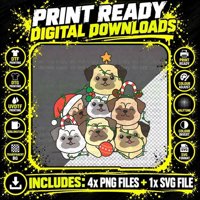 Pug Christmas Tree Funny Animal Christmas Png SVG Digital Bundle