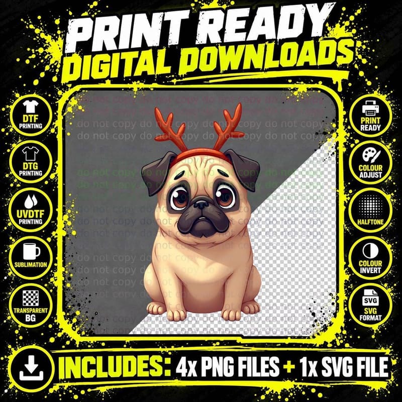 Pug Dog with Antlers & Christmas Gifts T-Shirt Png SVG Digital Bundle