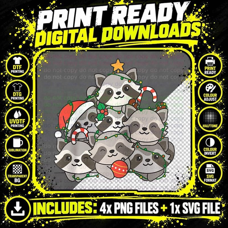 Raccoon Christmas Tree Funny Animal Christmas Png SVG Digital Bundle