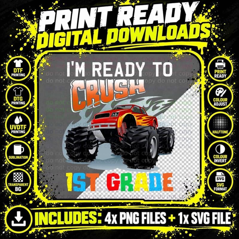 Ready to Crush St Grade Shirt, Festive, Learning Fun Png SVG Digital Bundle