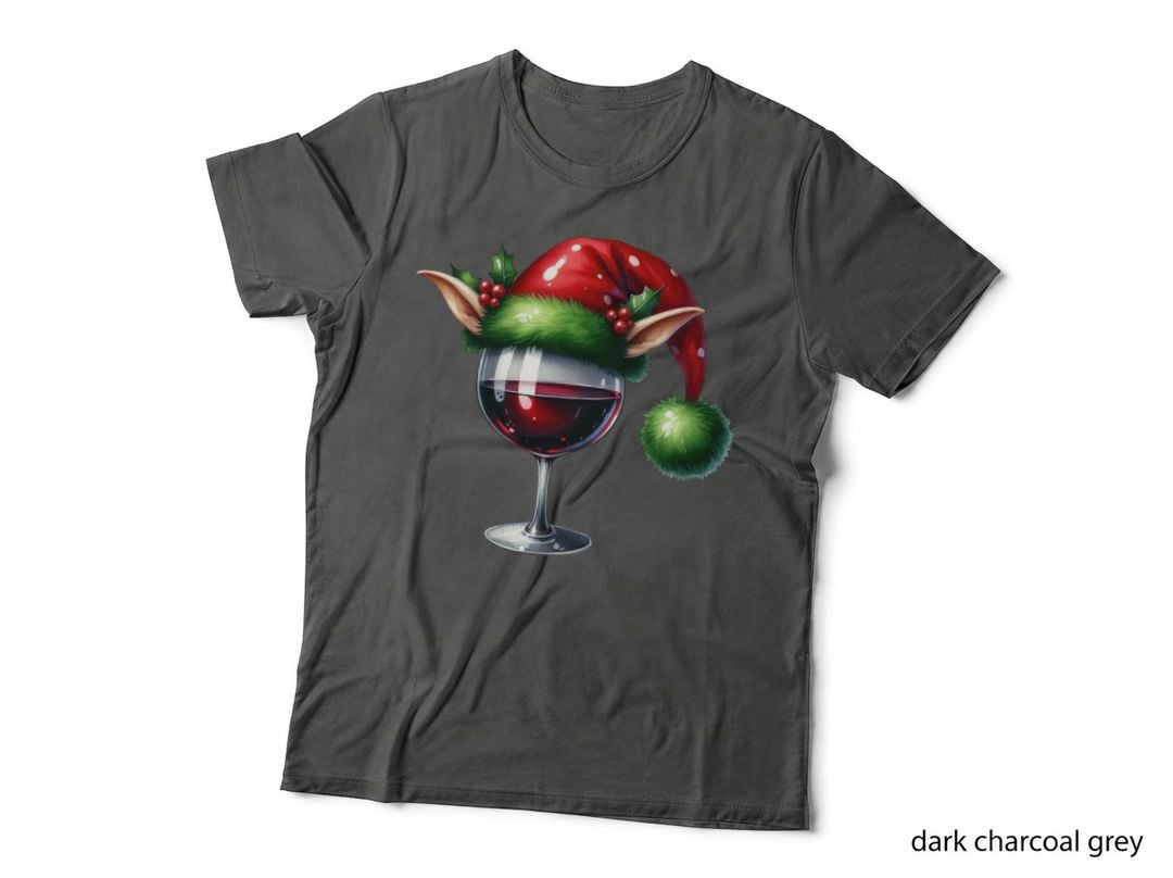 Red Wine Glass with Elf Hat and Ears Holly Berries Christmas Drink T-Shirt