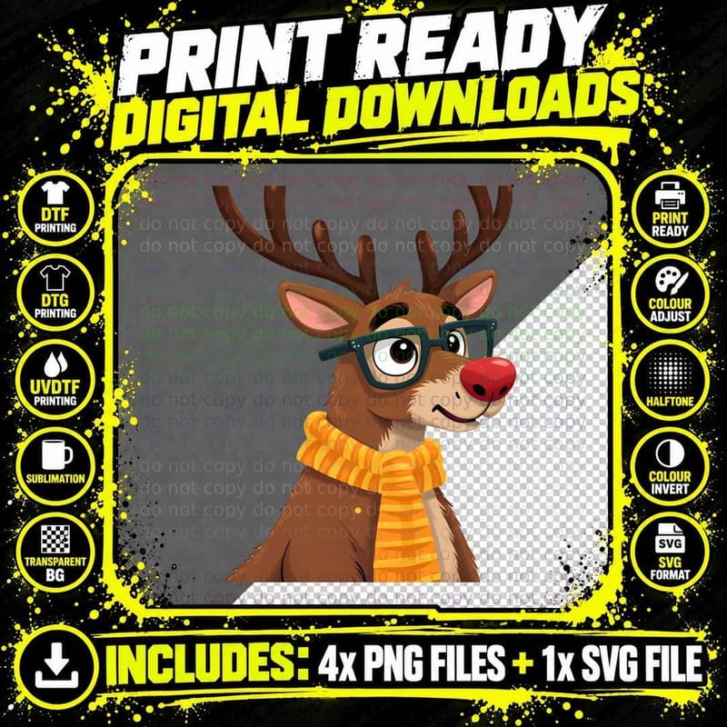 Reindeer Glasses Yellow Scarf Christmas Holiday T-Shirt Png SVG Digital Bundle