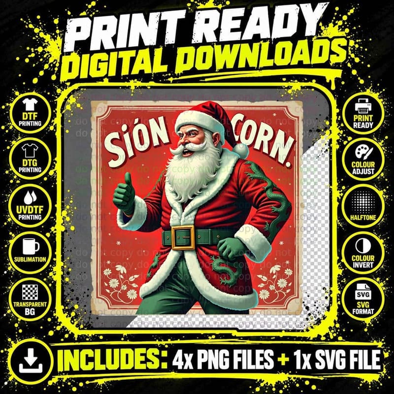 Retro Santa with Welsh Dragon Suit T-Shirt Png SVG Digital Bundle
