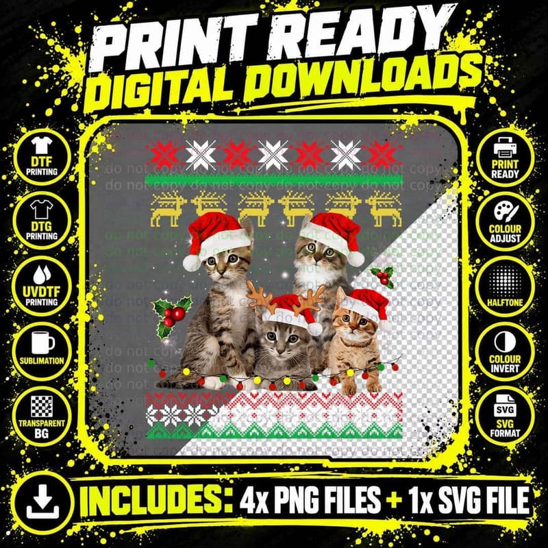 Santa Cats Christmas Ugly Sweater Kitten Cat Mom T-Shirt Png SVG Digital Bundle