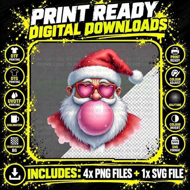 Santa Claus Heart Sunglasses Bubblegum Funny Whimsical Png SVG Digital Bundle