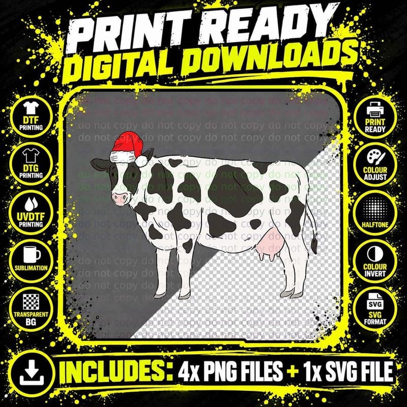 Santa Cow Christmas Winter Farm Animal Farmer Holiday Png SVG Digital Bundle