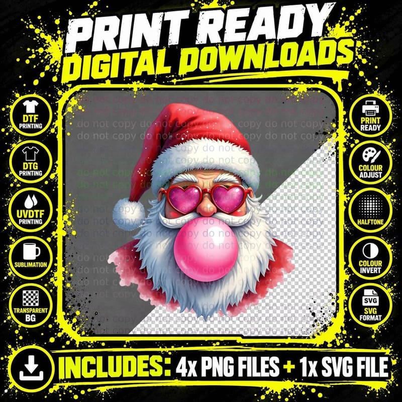 Santa Funny Whimsical Festive Holiday Heart Sunglasses Png SVG Digital Bundle