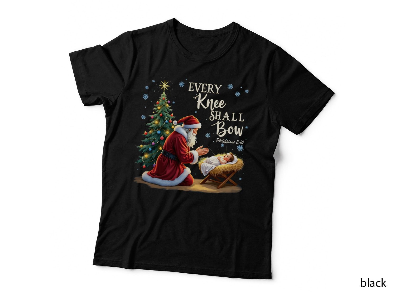 Santa Kneels to Baby Jesus Every Knee Shall Bow Christian Xmas T-Shirt