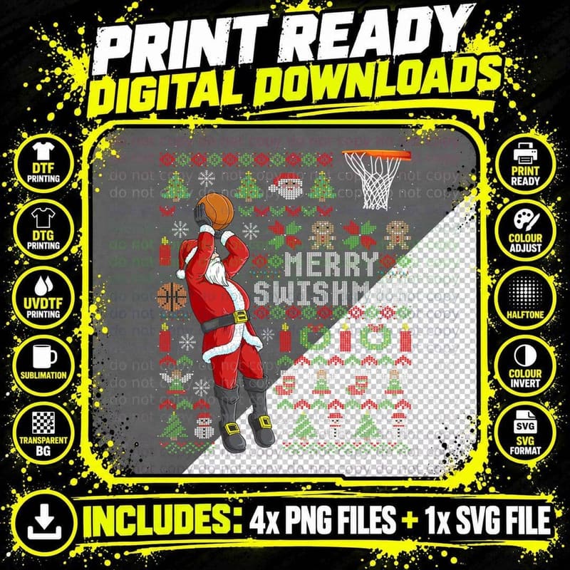 Santa Playing Basketball Ugly Christmas Sweater Holiday Png SVG Digital Bundle