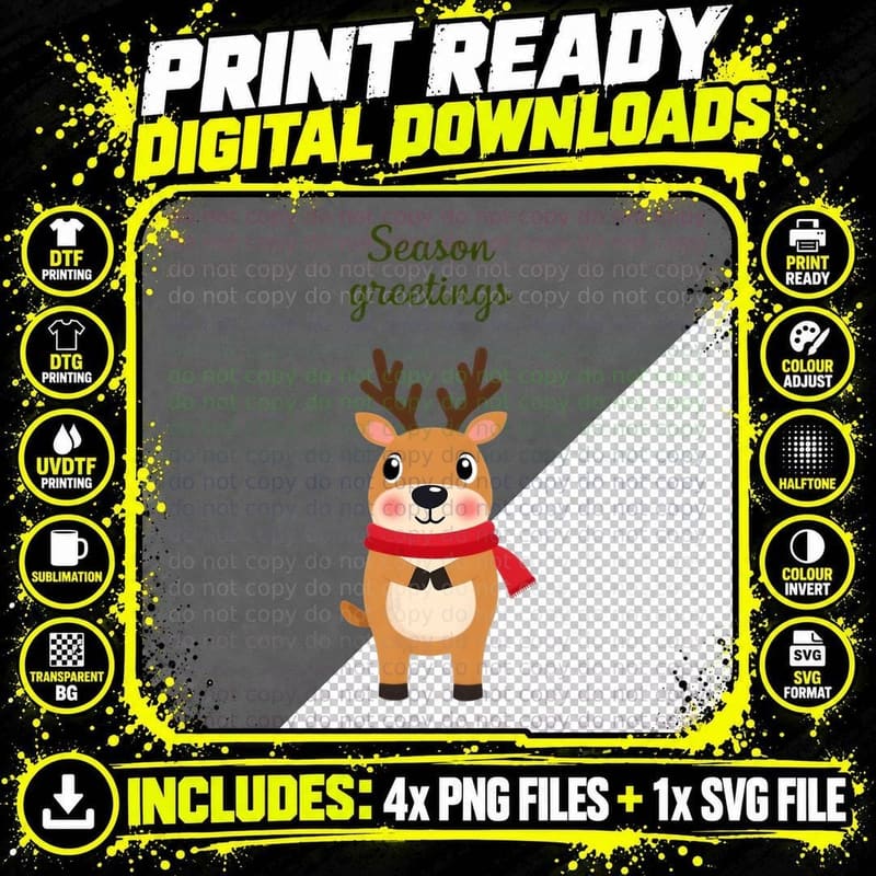 Seasons Greetings Reindeer Christmas Scarf T-Shirt Png SVG Digital Bundle