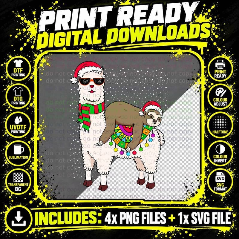 Sloth Riding Llama Christmas Sweater Cute Sloth Xmas Png SVG Digital Bundle