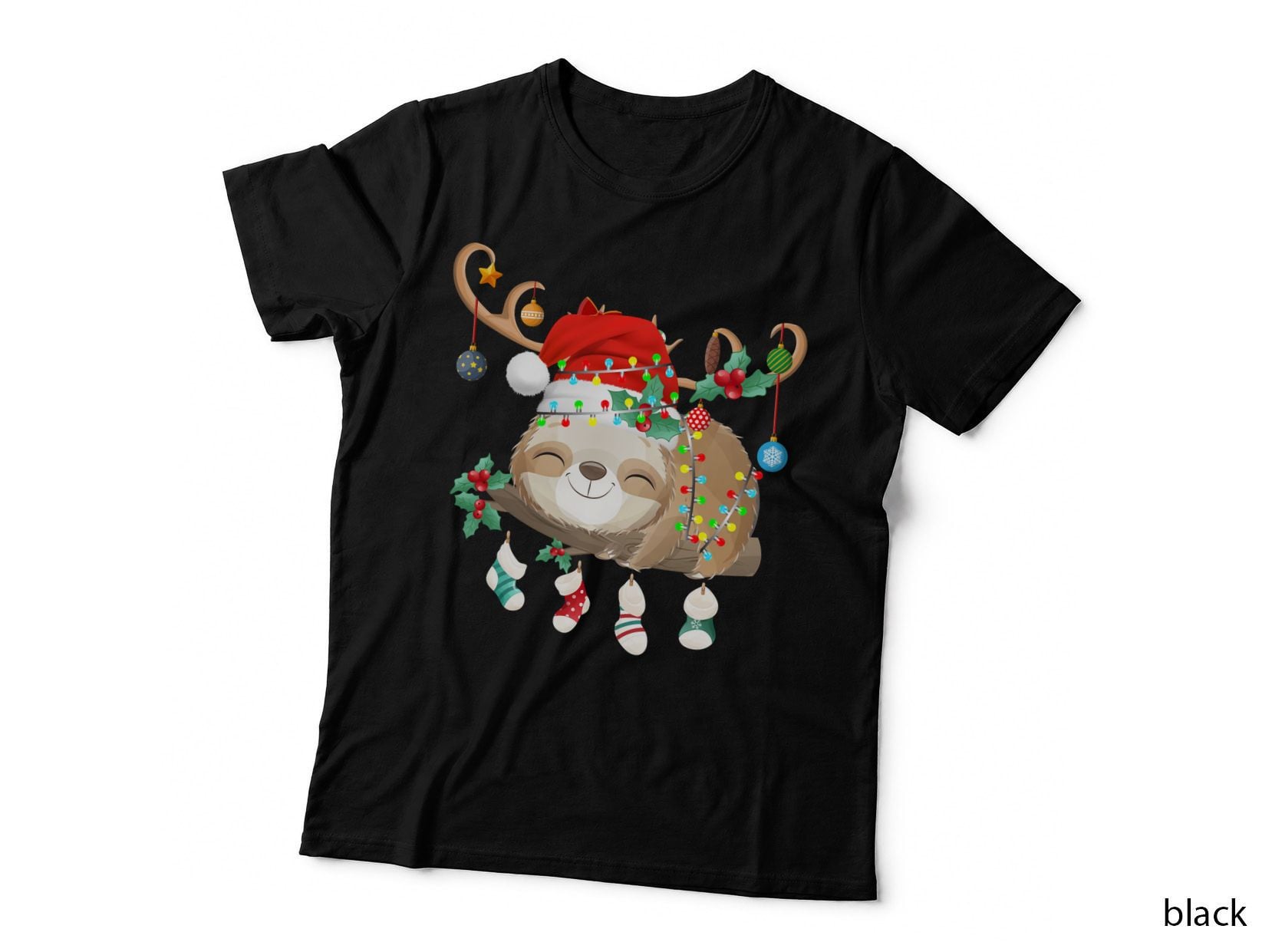 Sloths Xmas Gift Lighting Reindeer Santa Hat Sloth Christmas T-Shirt