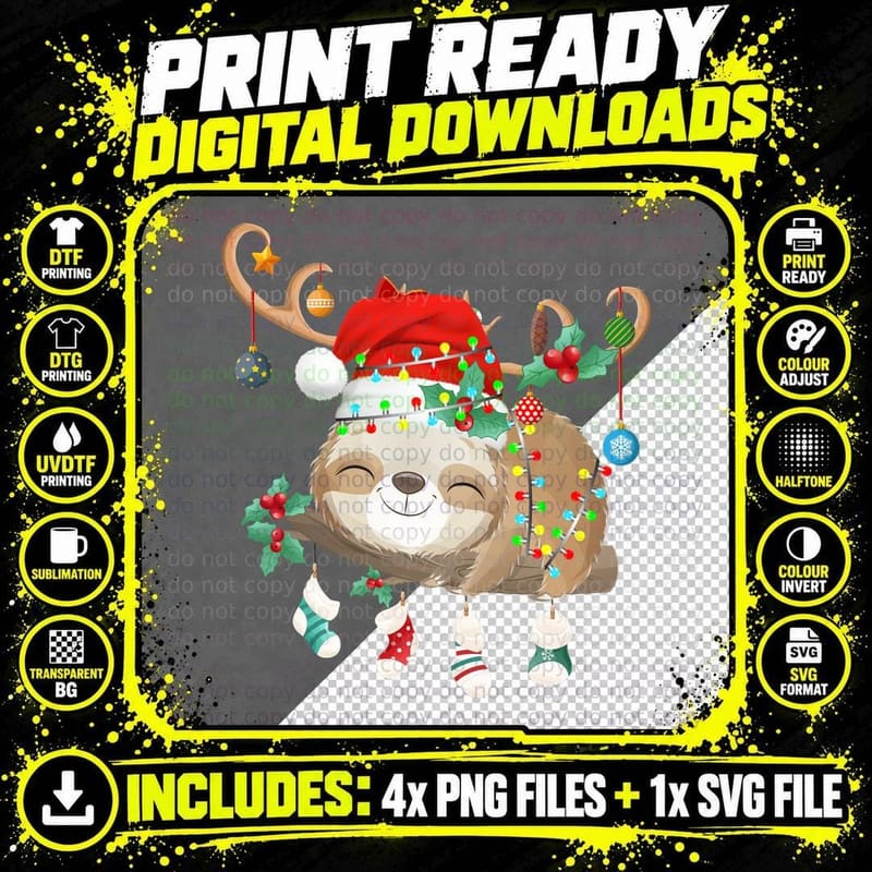 Sloths Xmas Gift Lighting Reindeer Santa Hat Sloth Png SVG Digital Bundle