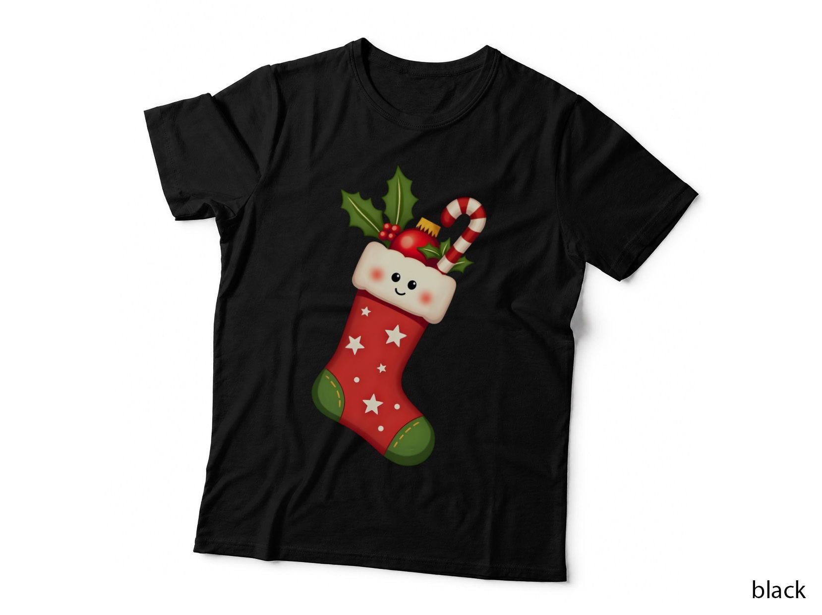 Smiling Christmas Stocking Candy Cane Holly T-Shirt