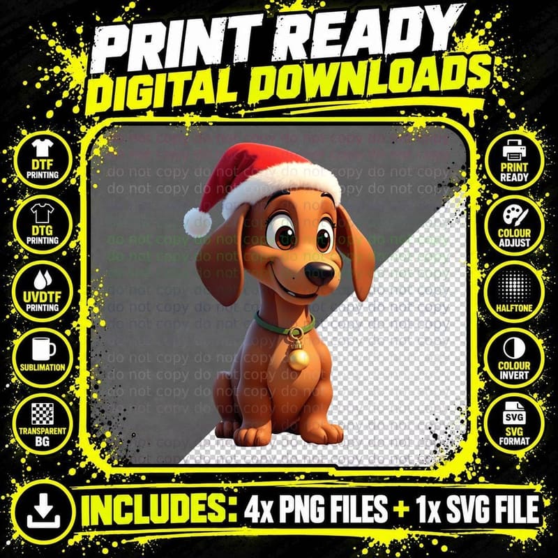 Smiling Dachshund Santa Hat Christmas Puppy Dog Bell Png SVG Digital Bundle