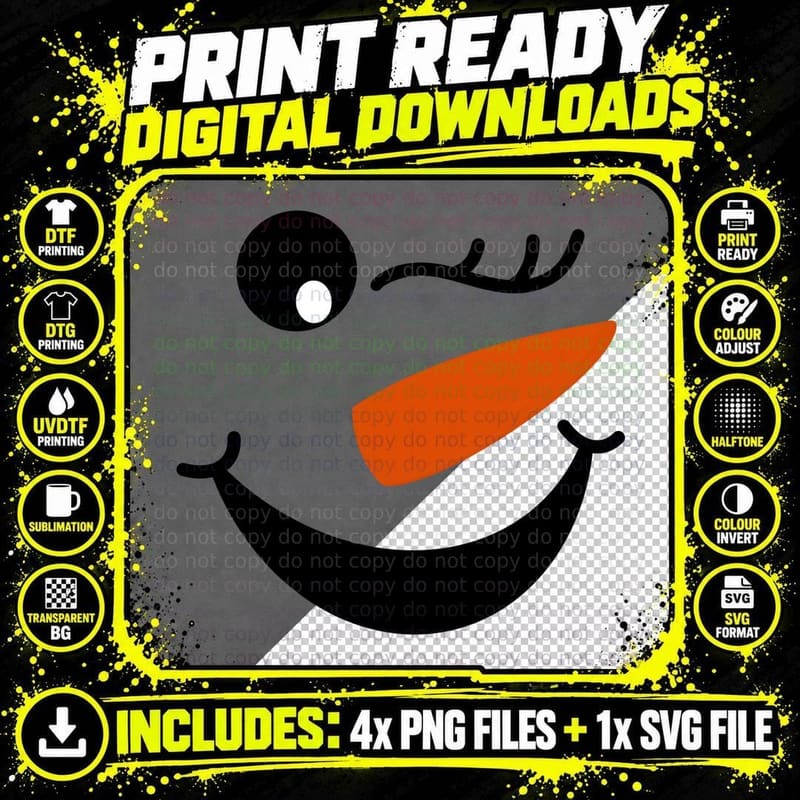 Snowman Cartoon Smiley Face Winking Eyes Happy Mouth Png SVG Digital Bundle