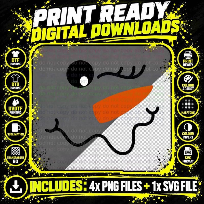 Snowman Expressive Cartoon Smiley Face Nervous Mouth Png SVG Digital Bundle