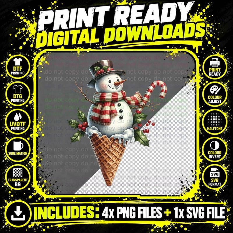 Snowman Ice Cream Cone with Candy Cane Retro Christmas Png SVG Digital Bundle