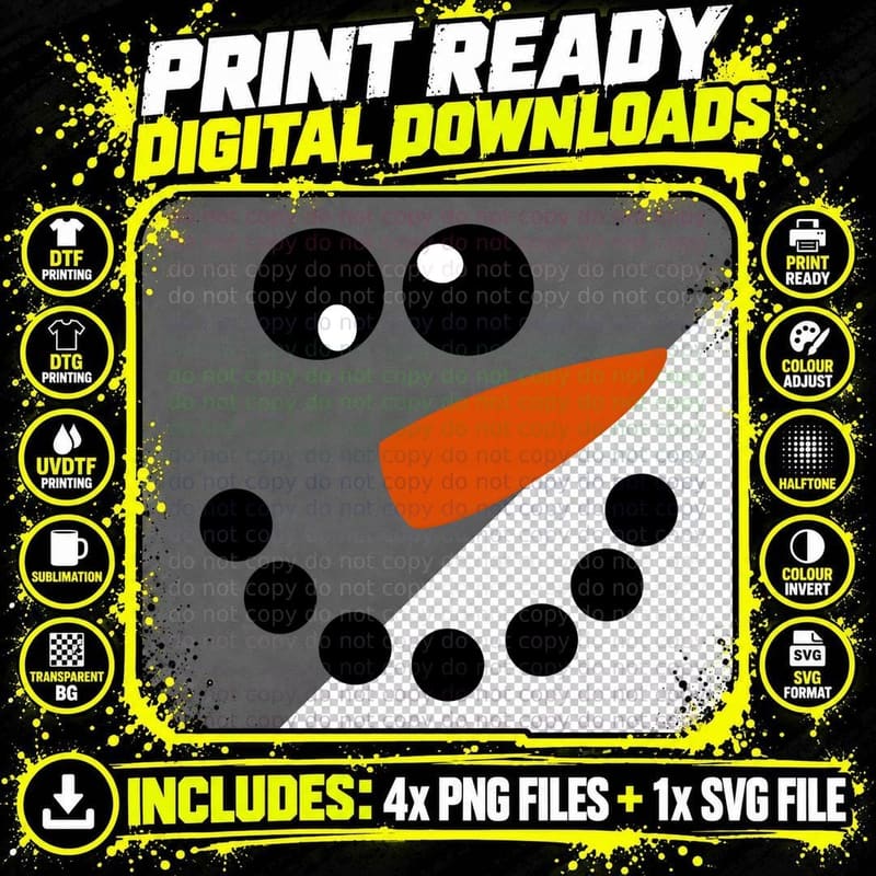 Snowman Iconic Cartoon Smiley Face Festive Minimalist Png SVG Digital Bundle