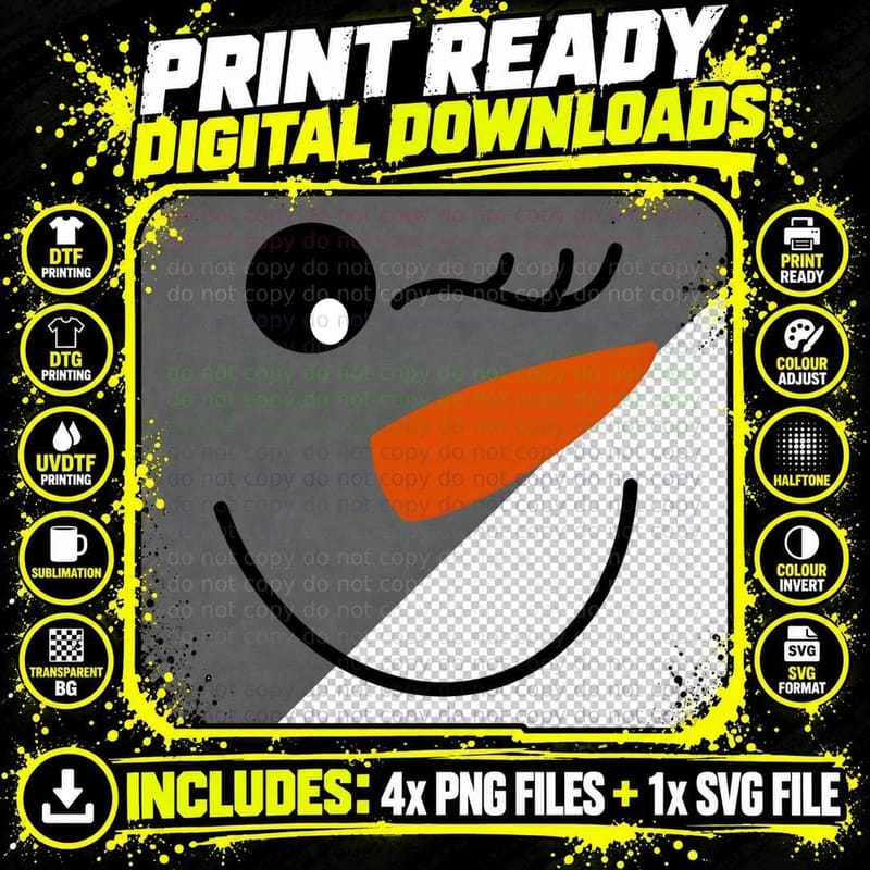 Snowman Minimalist Smiley Face Cartoon Design Winking Png SVG Digital Bundle