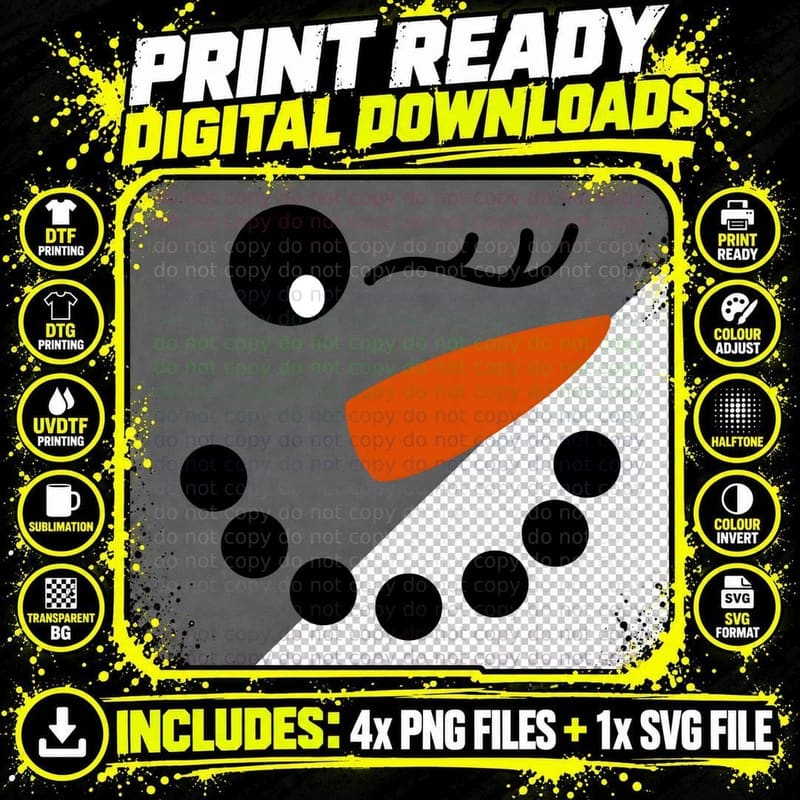 Snowman Whimsical Cartoon Smiley Face Off-Center Eyes Png SVG Digital Bundle
