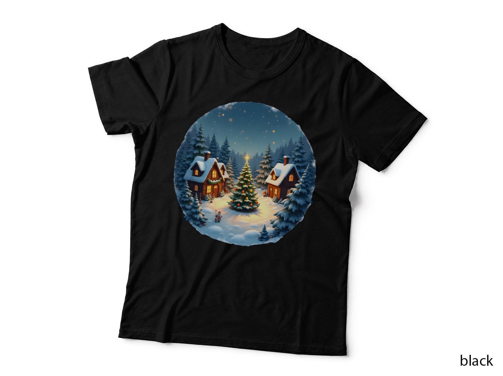 Snowy Watercolor Christmas Village Warm Light T-Shirt