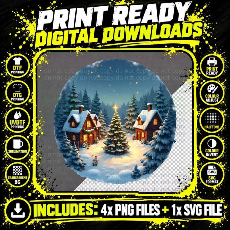 Snowy Watercolor Christmas Village Warm Light T-Shirt Png SVG Digital Bundle