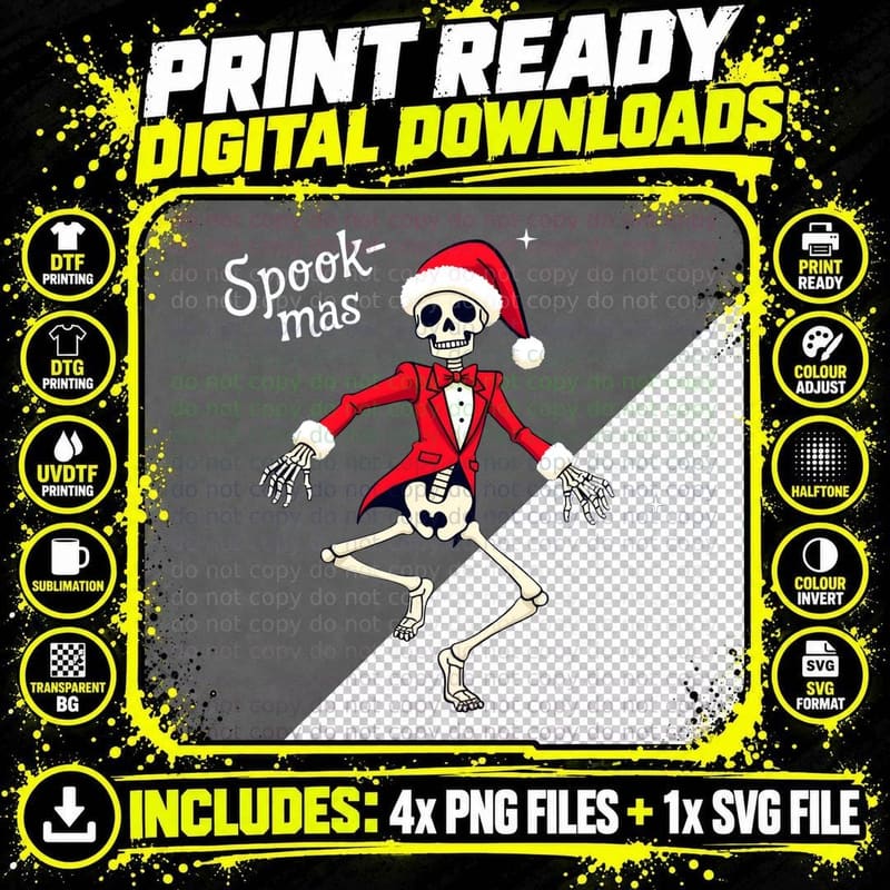 Spook-Mas Dancing Skeleton Santa Hat Festive Party Png SVG Digital Bundle