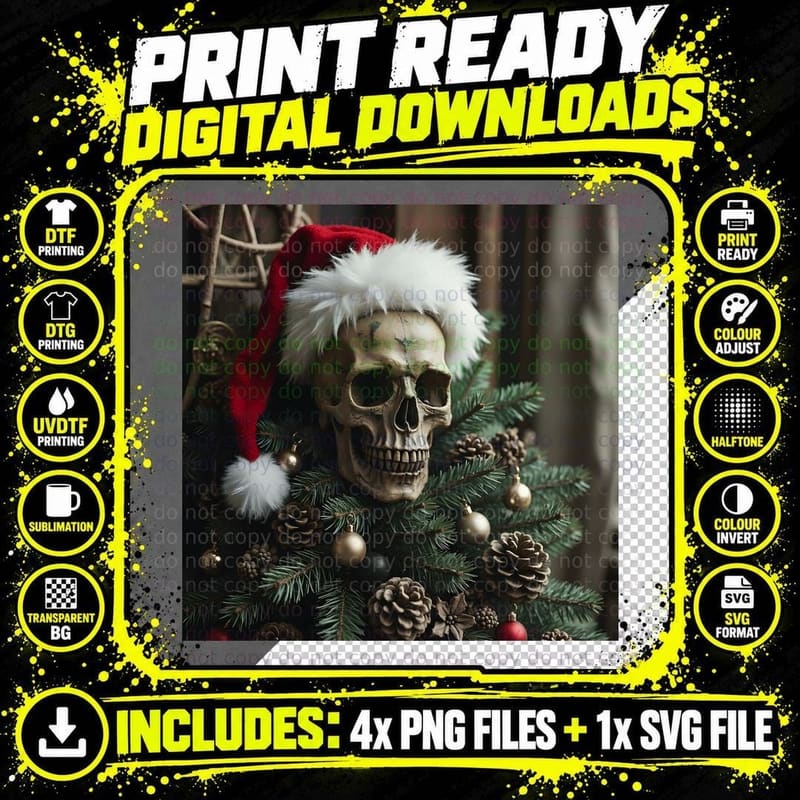 Spooky Skull Christmas Tree Santa Hat T-Shirt Png SVG Digital Bundle